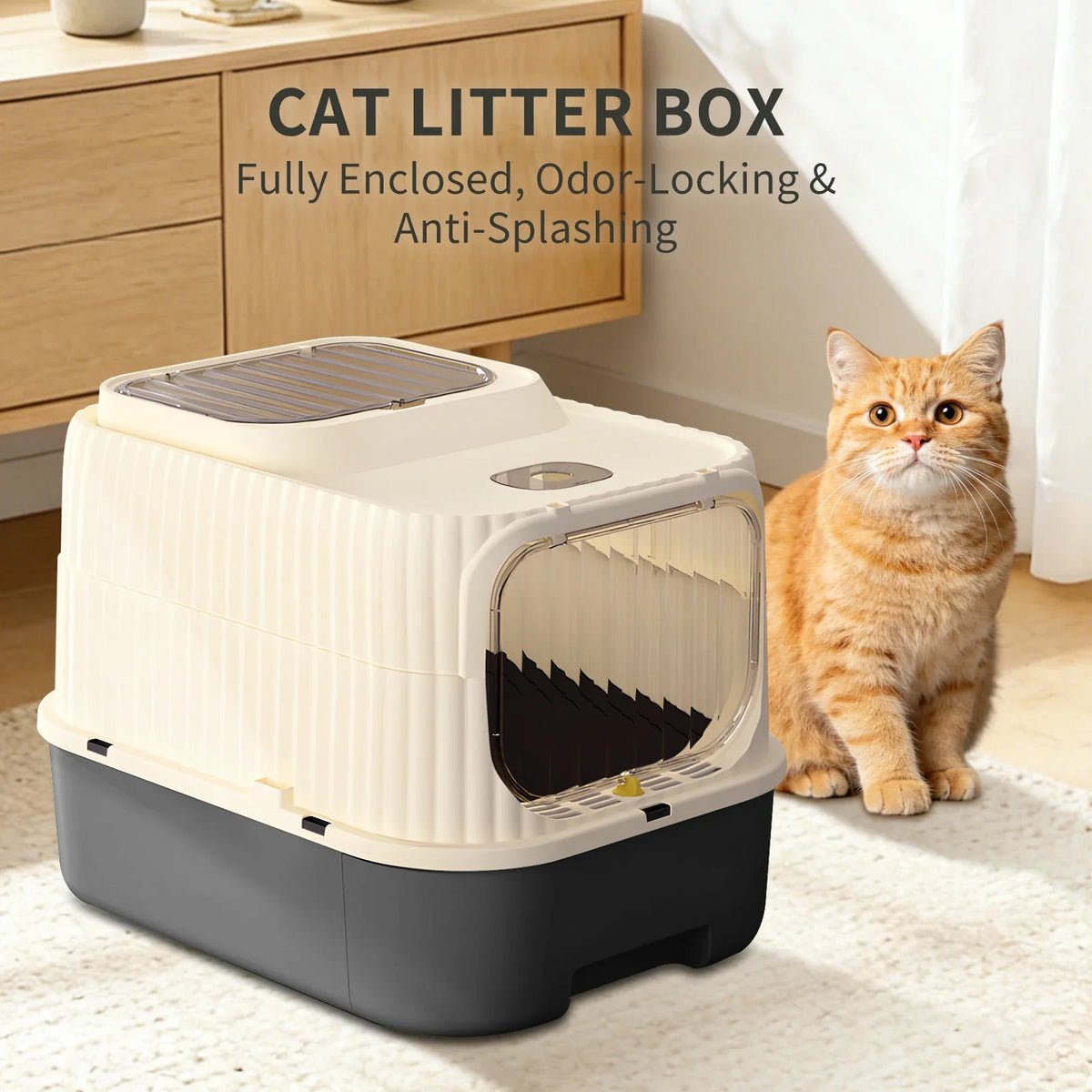 A beige and gray cat litter box is shown on a light wooden cabinet next to an orange tabby cat.