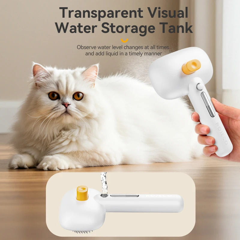 A white transparent water storage tank with a nozzle is held by a hand, next to a pet grooming brush.