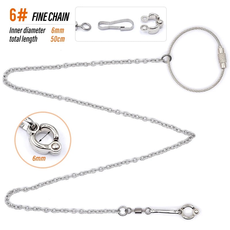 Stainless steel fine chain anklet with a clasp and a separate 6mm chain shown in various lengths