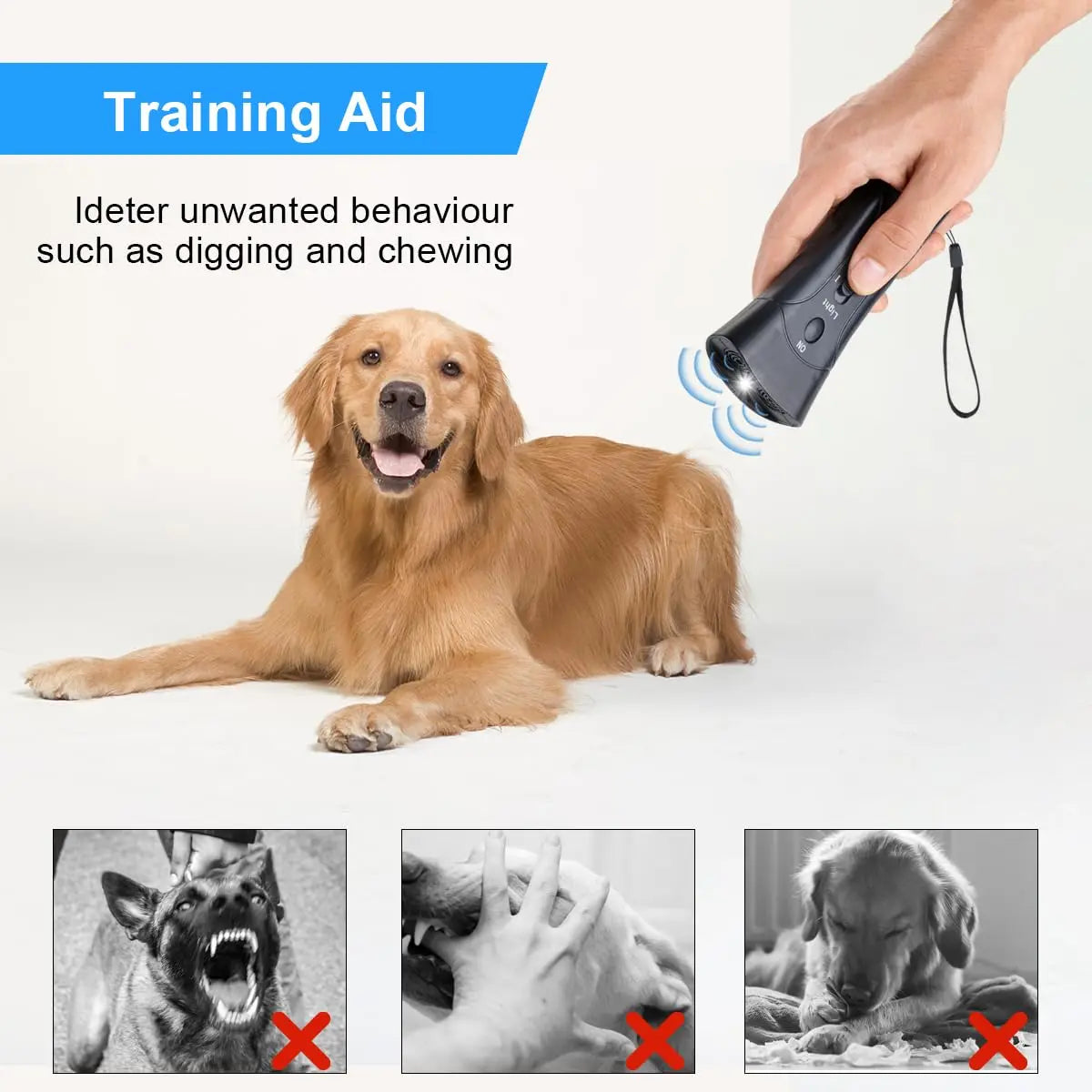 A hand holds an ultrasonic dog training device near a dog, with images showing unwanted behaviors being corrected.