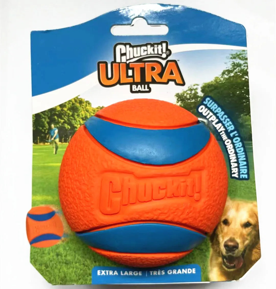 Orange and blue Chuckit Ultra ball for dogs shown against a green outdoor background.