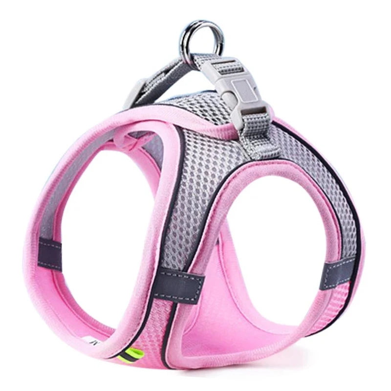 Pink reflective adjustable pet harness and leash set with silver hardware