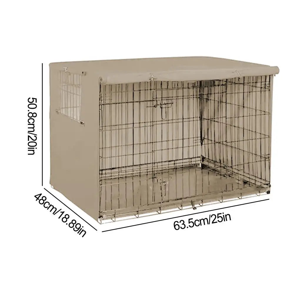 A beige waterproof dog crate cover with mesh windows shown from the side.