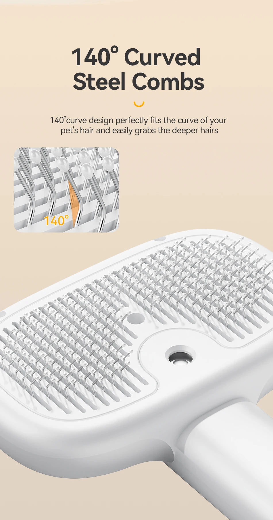 A close-up view of a white 140 degree curved steel comb used for pet hair grooming.
