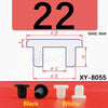Black and white silicone rubber hole plugs shown next to a size diagram for XY-8055