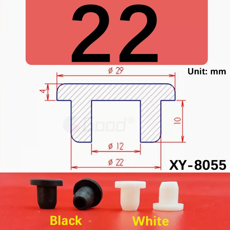 Black and white silicone rubber hole plugs shown next to a size diagram for XY-8055