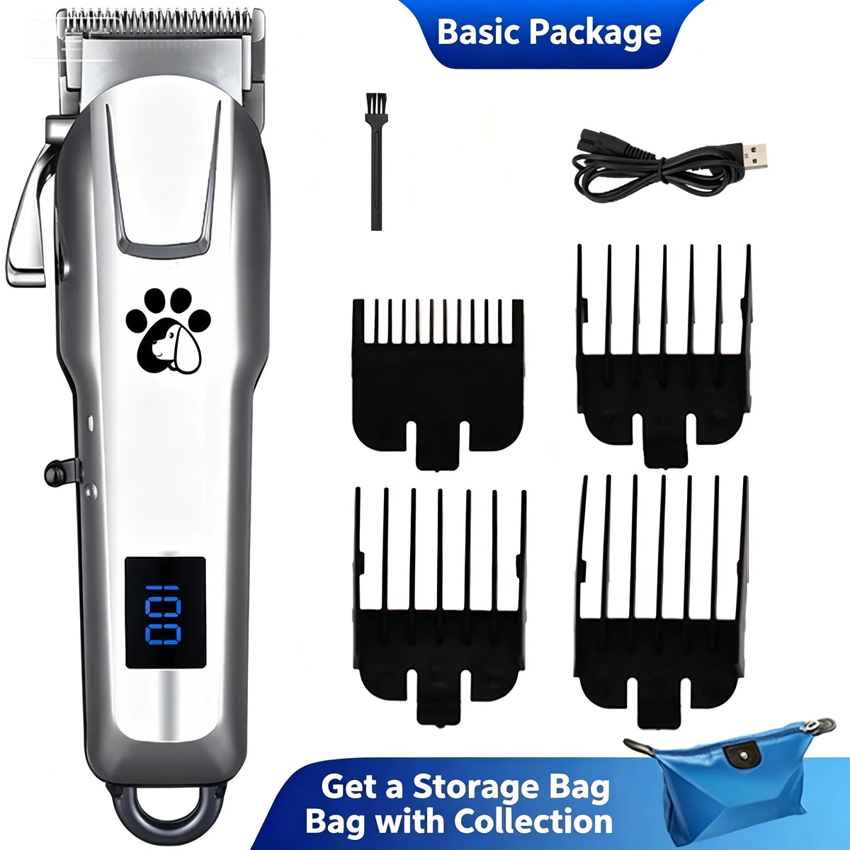A silver pet hair clipper grooming kit with various attachments and a storage bag.