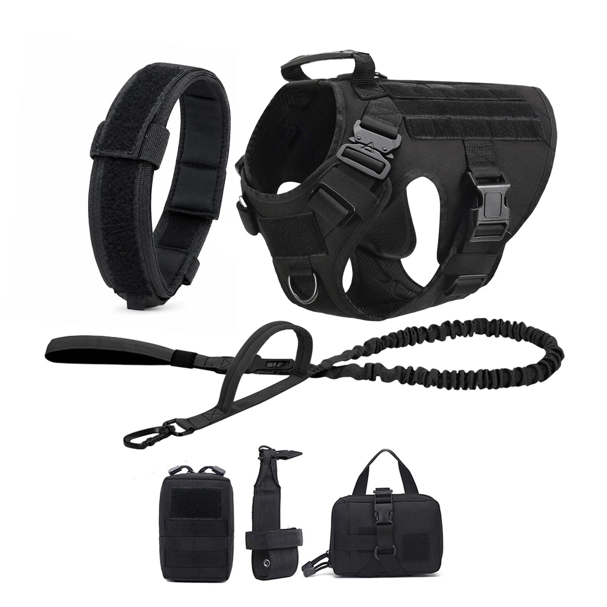 Black tactical dog harness set including a collar, vest, and leash with MOLLE pouches