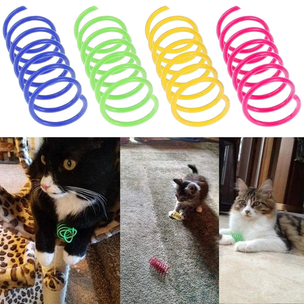 A set of colorful durable cat spring toys in various colors including blue, green, yellow, and pink.