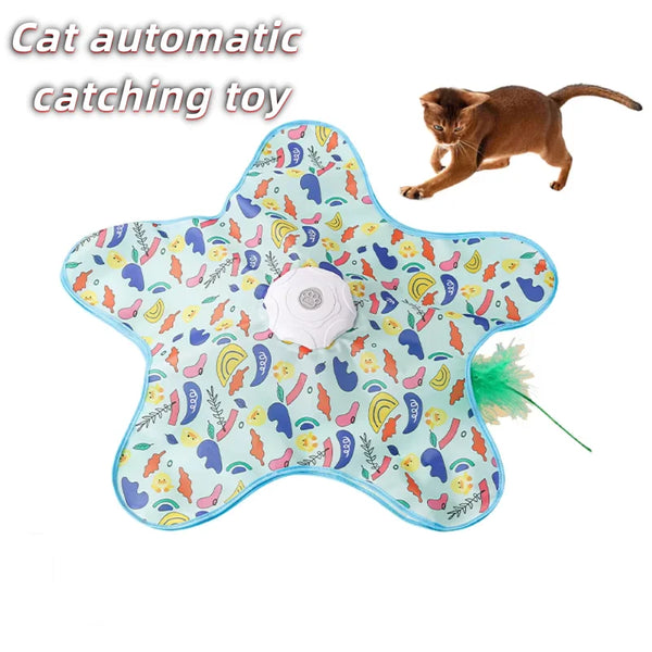 A light blue, star-shaped automatic cat catching toy with colorful patterns and a green feather wand.