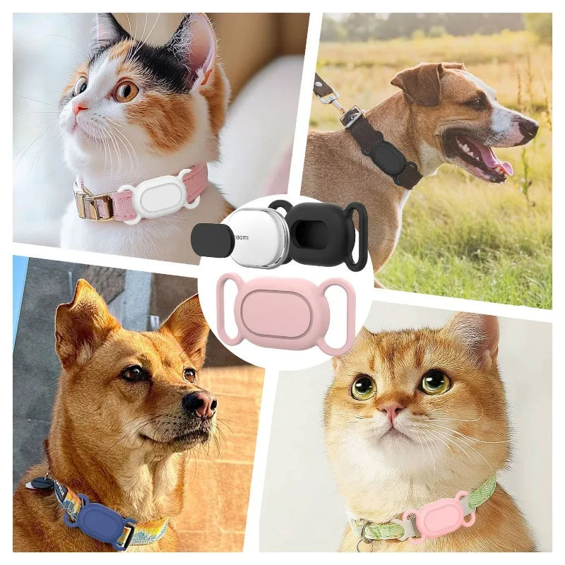 A collage showing a cat and a dog wearing silicone protective cases for pet trackers with collar mounts.