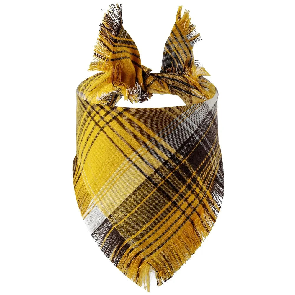 A yellow and black buffalo plaid bandana with fringed edges.