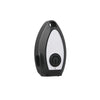 A black and white handheld ultrasonic dog bark deterrent device with a round button.