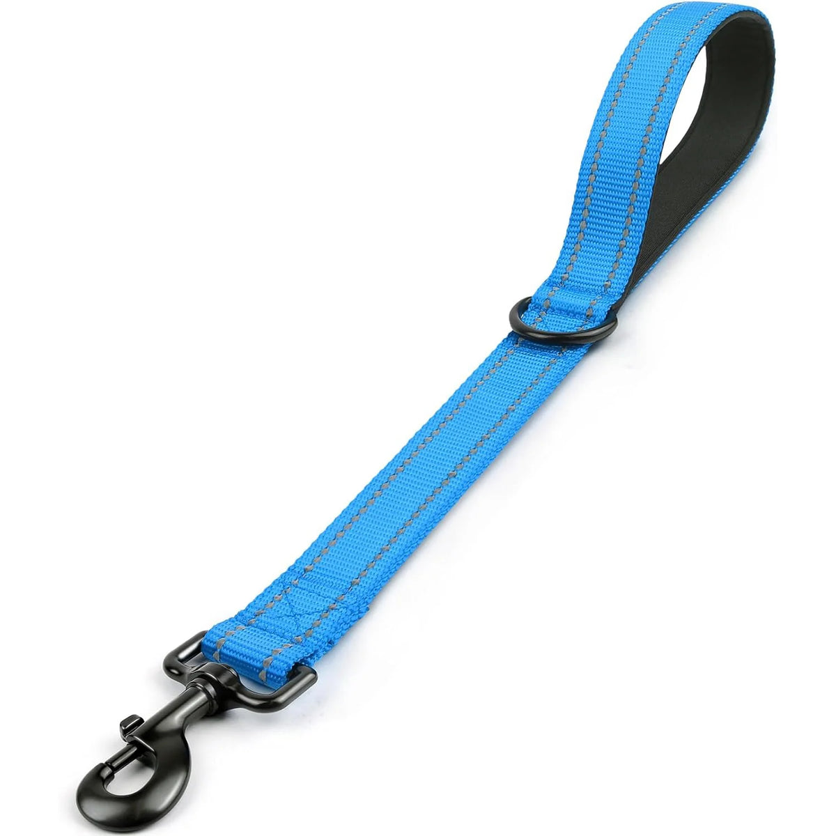 Blue heavy-duty dog leash with a padded handle and black strap and metal clip