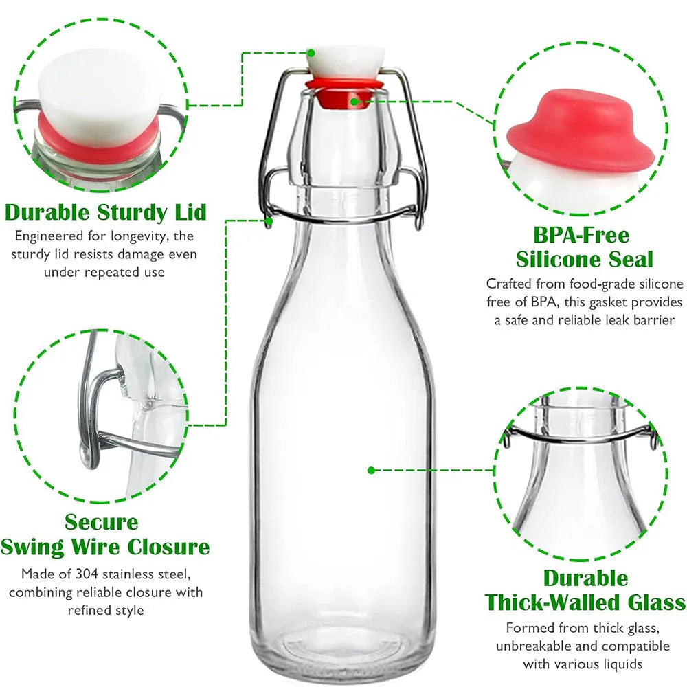 Bouteille à couvercle rouge avec fermeture en fil argenté, en verre clair, pour conserver les liquides.