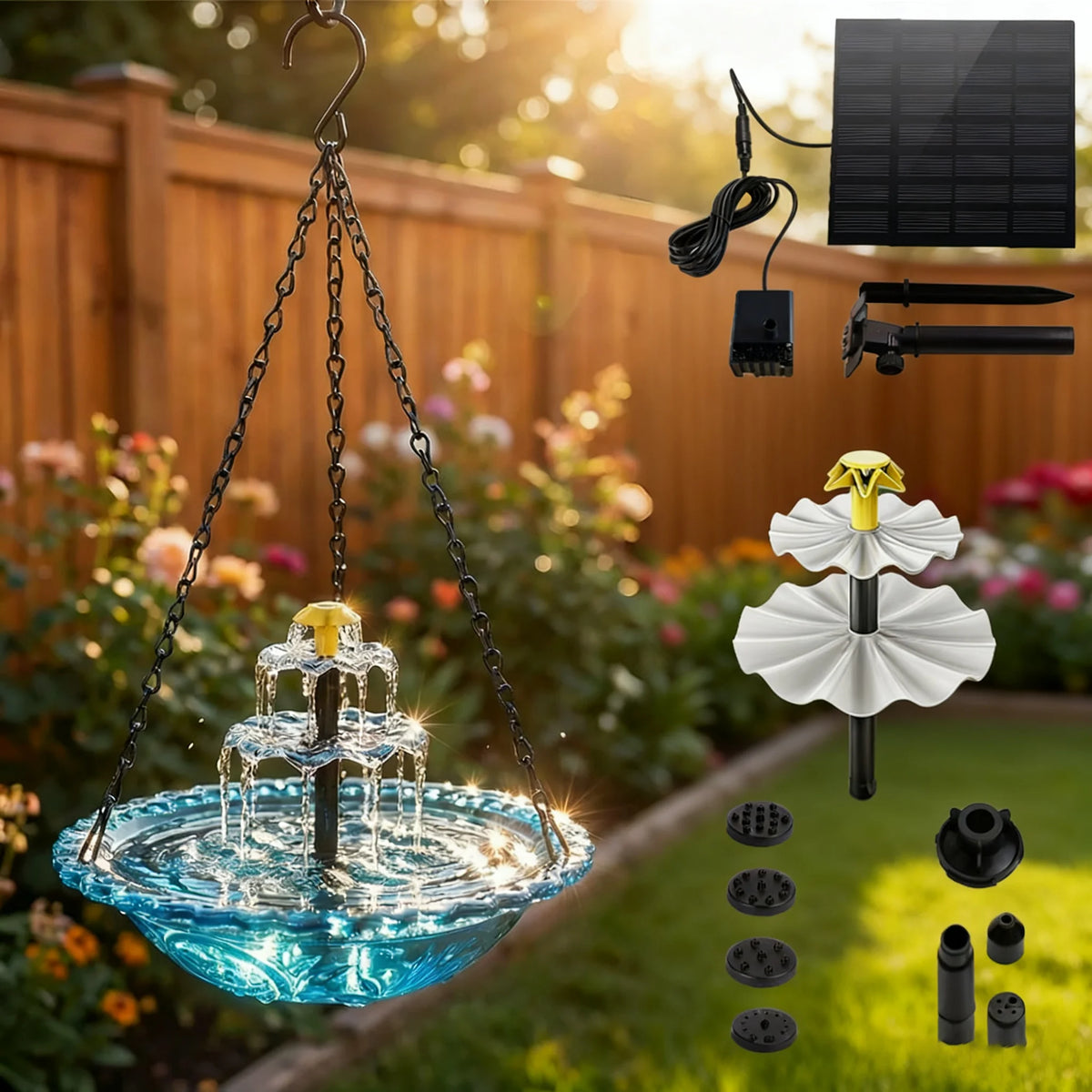 Solar Hanging Bird Bath Fountain with Glass Bowl
