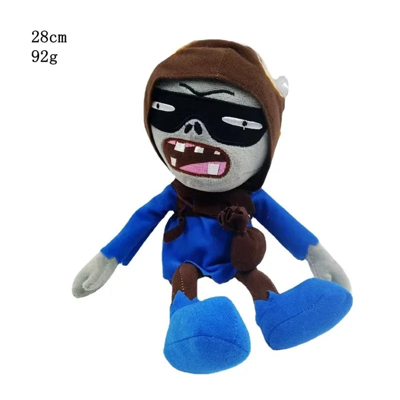 A plush toy of the Plants vs. Zombies Gargantuar character with dark skin, black mask, and blue body.