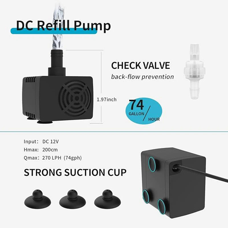 DC-Nachfüllpumpe und starke Saugscheibe für ein automatisiertes Wasser-Auffüllsystem.