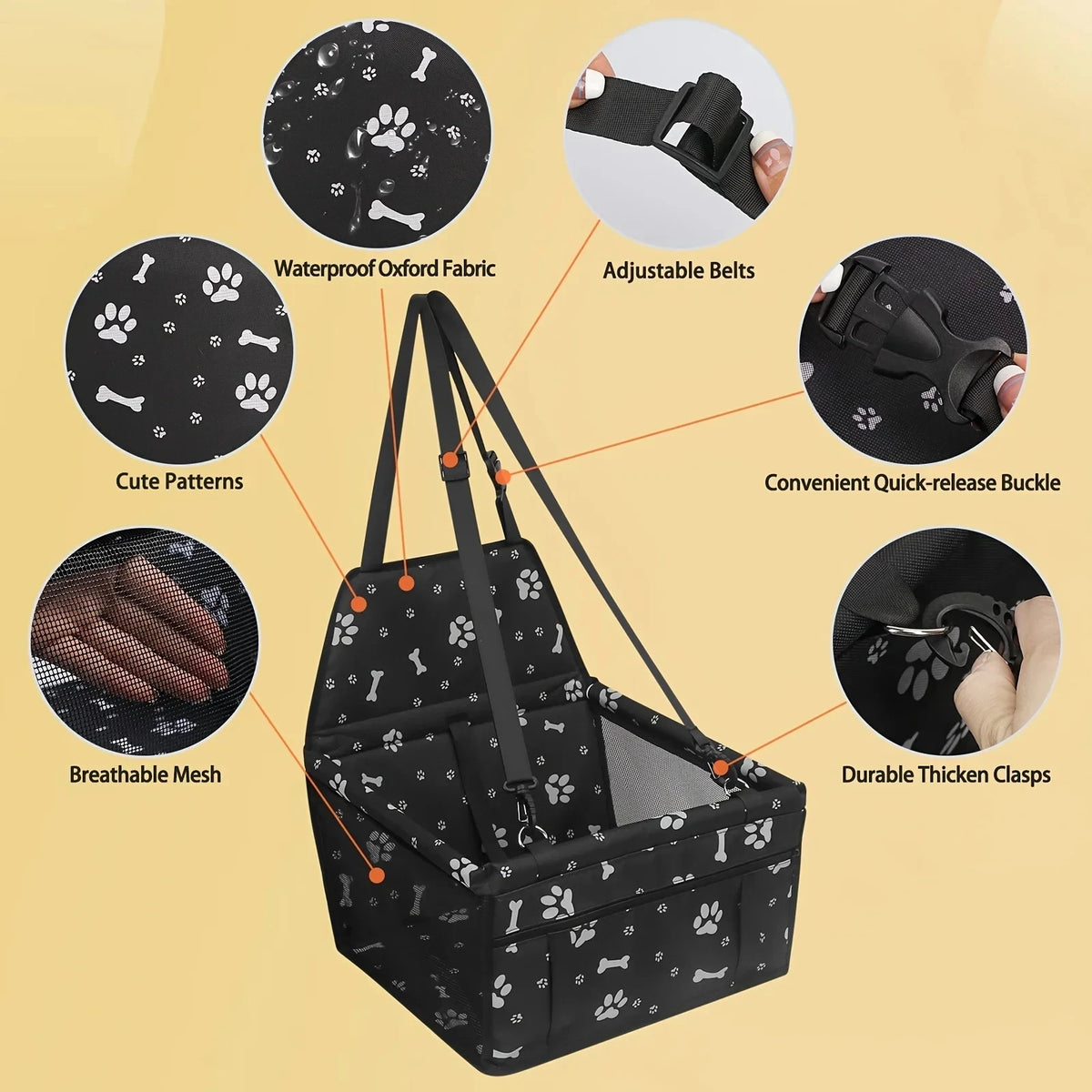 Black pet travel booster seat with adjustable belts, breathable mesh, and durable clasps for dogs and cats.