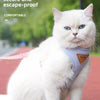 A white cat wearing a light blue escape-proof harness sits on a red surface.