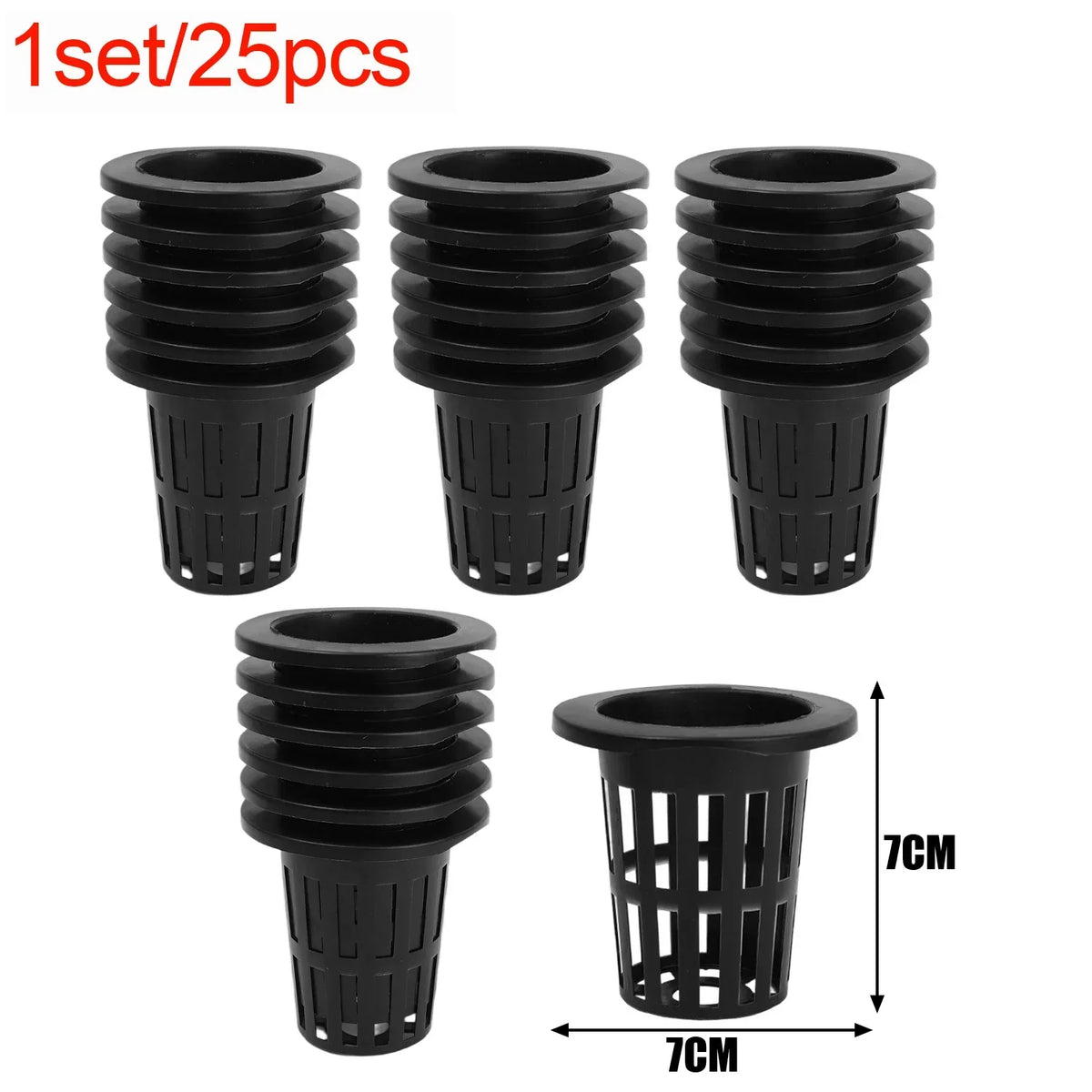 A set of 25 black hydroponic mesh net pots for plant cultivation, shown with dimensions.