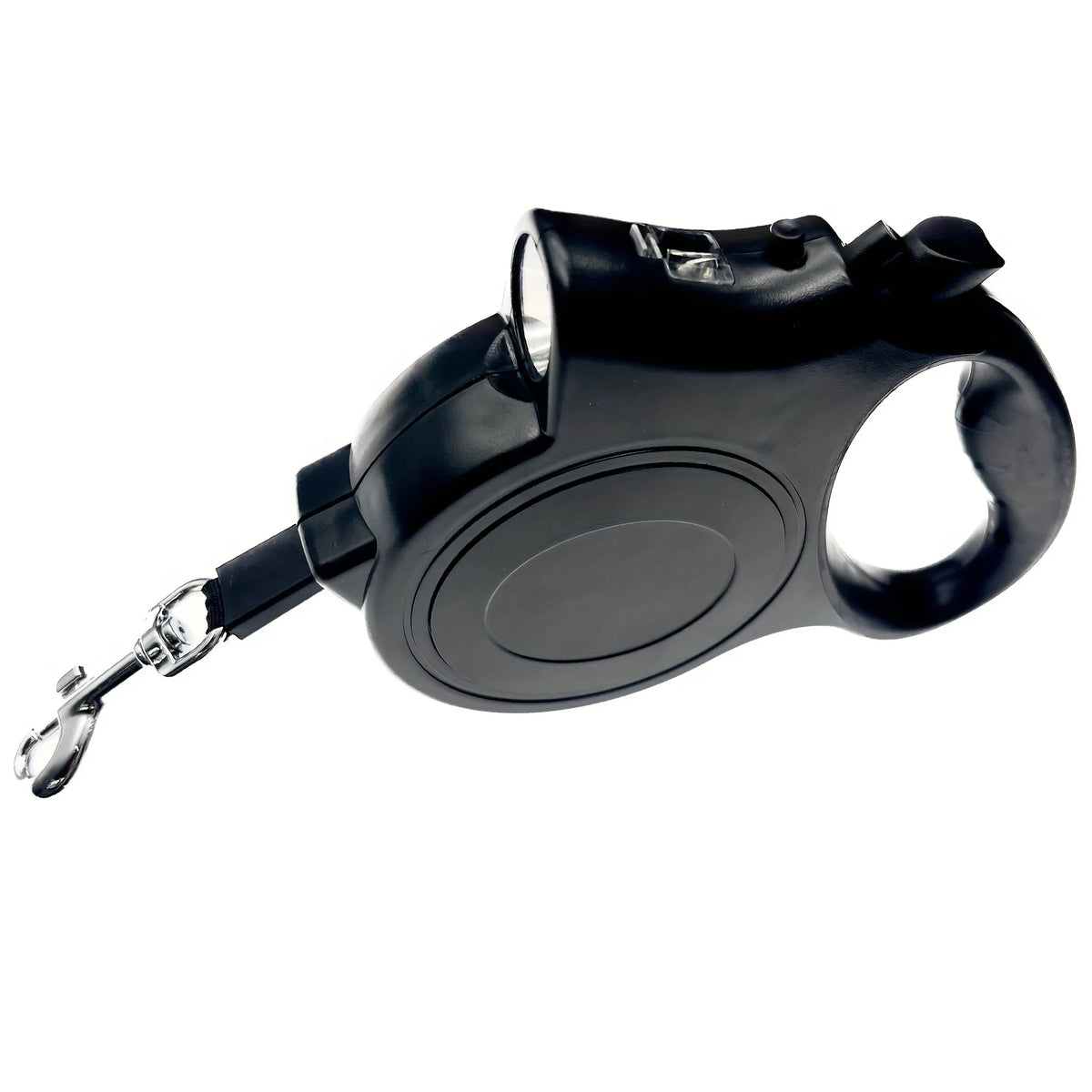 Black illuminated retractable dog leash with a reflective nylon strap and a handle.