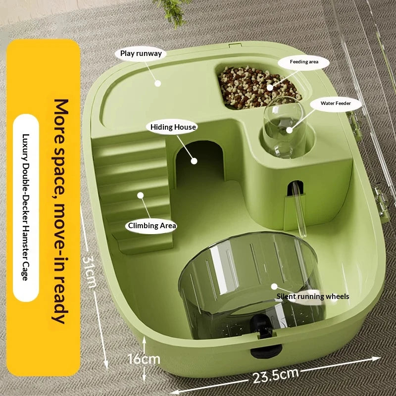 Griges Luxus-Hamsterkäfig mit Spiel-, Versteck- und Futterbereich.