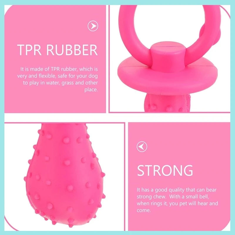 A bright pink TPR rubber pacifier chew toy with a textured surface shown in various forms.