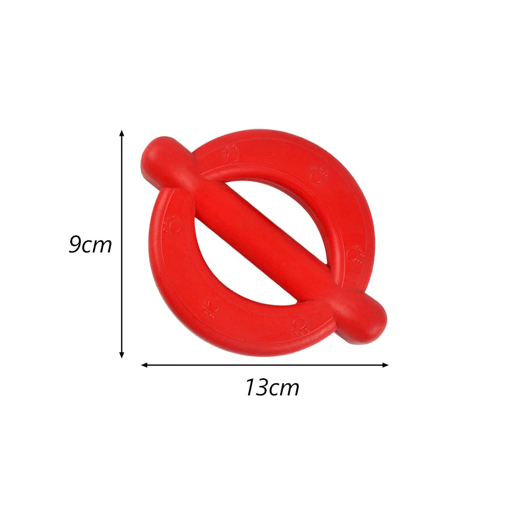 A red, durable bite-resistant dog chew toy shaped like a figure eight for teeth cleaning and gum massage.