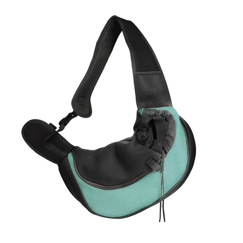 A black and teal breathable mesh pet carrier sling with adjustable straps.