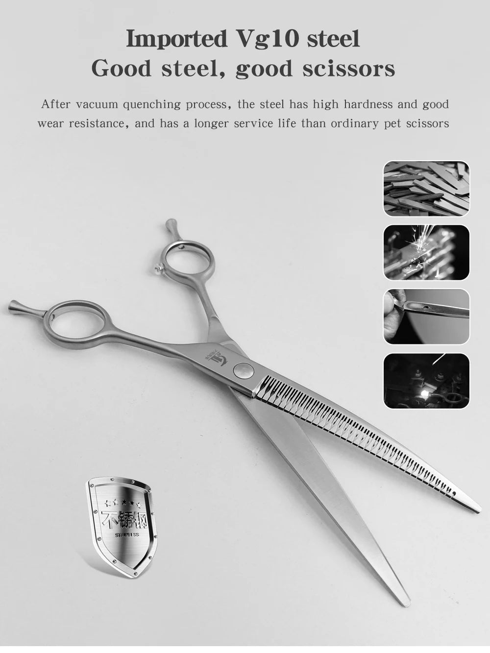 A pair of imported VG10 steel pet scissors with a silver finish shown against a white background.