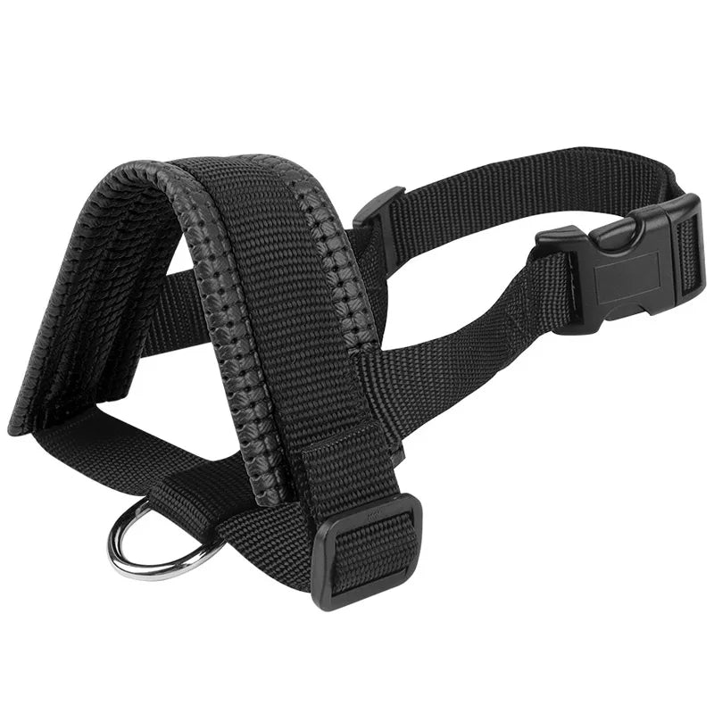 Black adjustable dog muzzle with a buckle for safe training and walks