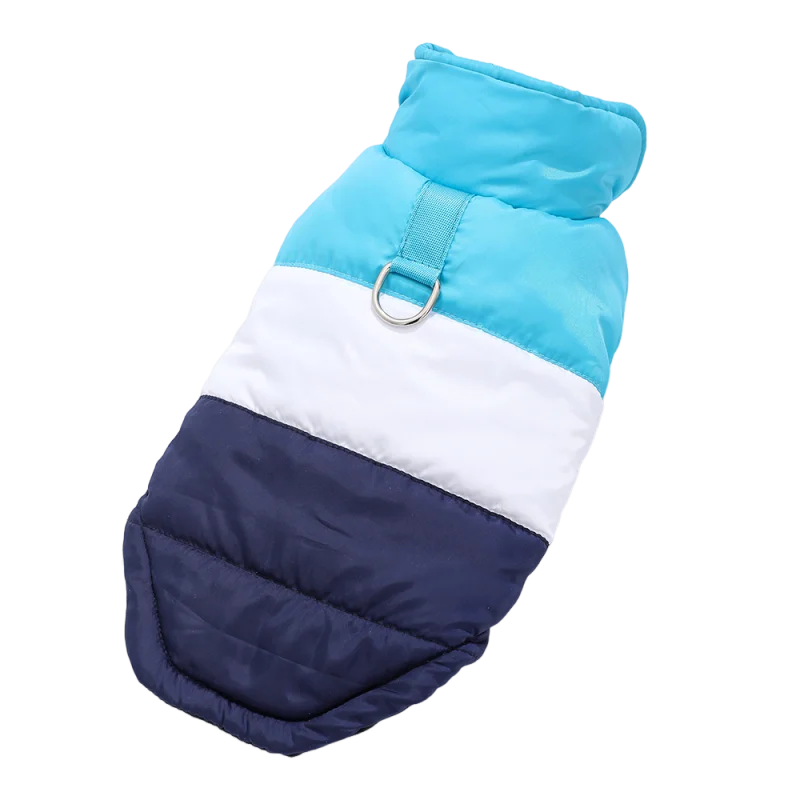 Padded windproof dog vest featuring blue, white, and navy panels with a silver D-ring.