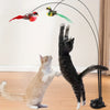 Schwarzer interaktiver Katzen-Spielstab, mit einem Kater, der mit bunten Vogelspielzeugen spielt.