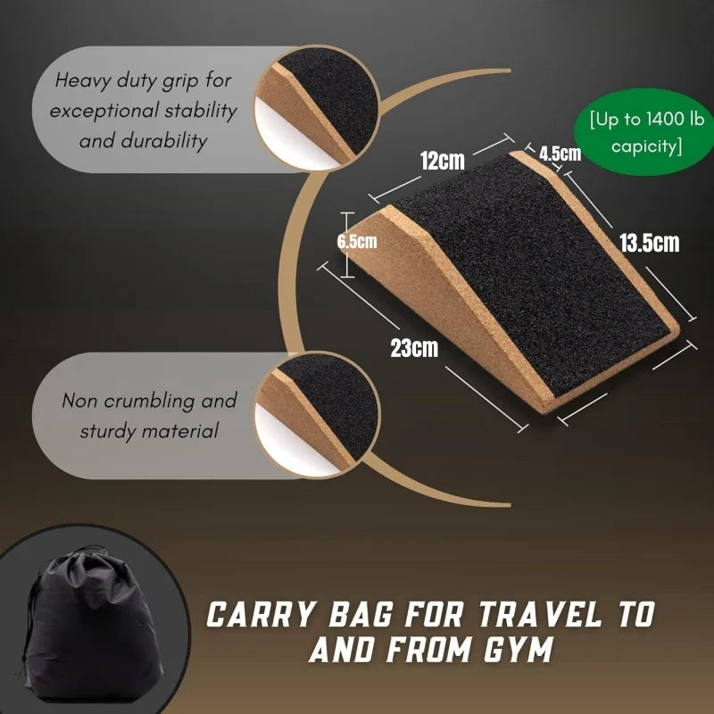 A black anti-slip cork squat wedge with a heavy duty grip and sturdy material shown in various views.