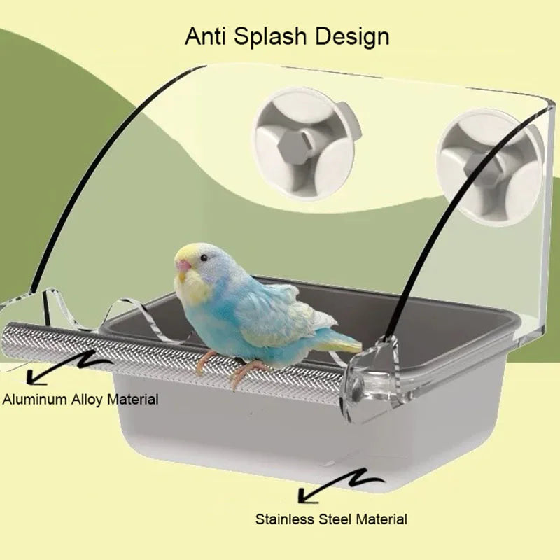 A clear anti splash design pet feeding bowl made of aluminum alloy and stainless steel material with a small blue bird inside