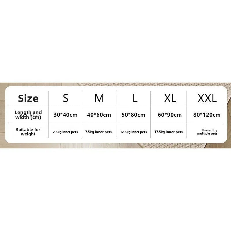 Size chart for a natural sisal cat scratching mat showing length and width in centimeters for different sizes