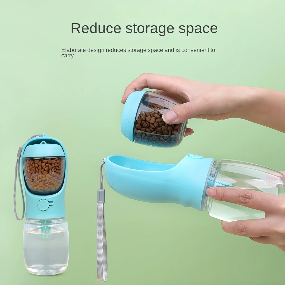 Eine Hand hält eine hellblaue tragbare Wasserflasche für Haustiere mit Lebensmittelaufbewahrung, die das Design zur reduziert