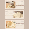 Three steps demonstrating the features of a gravity-fed pet food dispenser including a transparent window, open lid design se