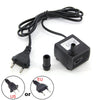 Black submersible aquarium water pump with a cord and various connectors for different regions