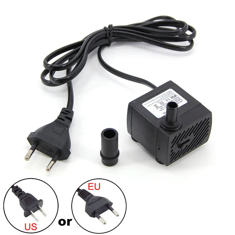 Black submersible aquarium water pump with a cord and various connectors for different regions