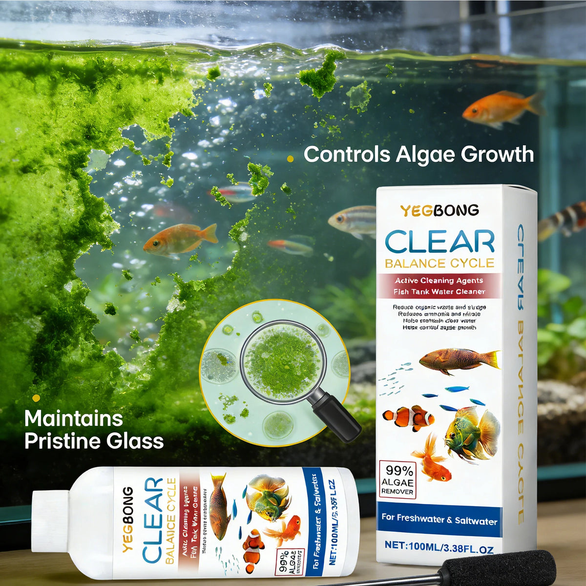 Produktverpackung für den Yegbong Clear Balance-Zyklus-Fischtankwasserreiniger und Algenentferner