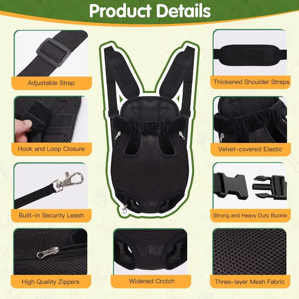 Black convertible pet carrier backpack showing various features like adjustable straps, zippers, and mesh fabric.