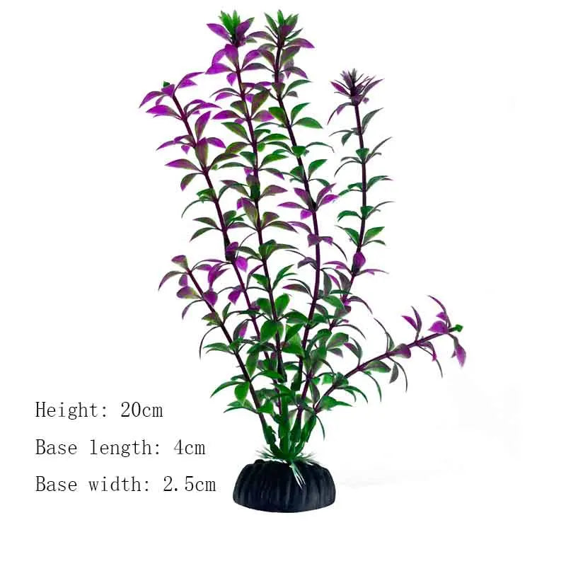 A realistic artificial aquarium plant with green leaves and purple flowers, shown against a white background.