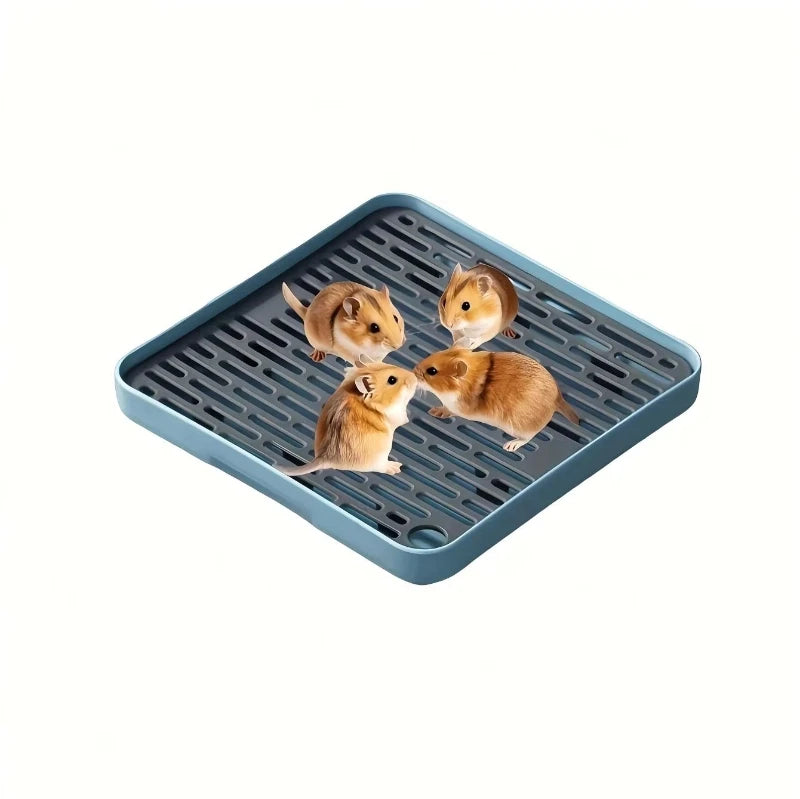 A blue plastic pet litter box tray with three small, light brown, furry animals sitting inside.