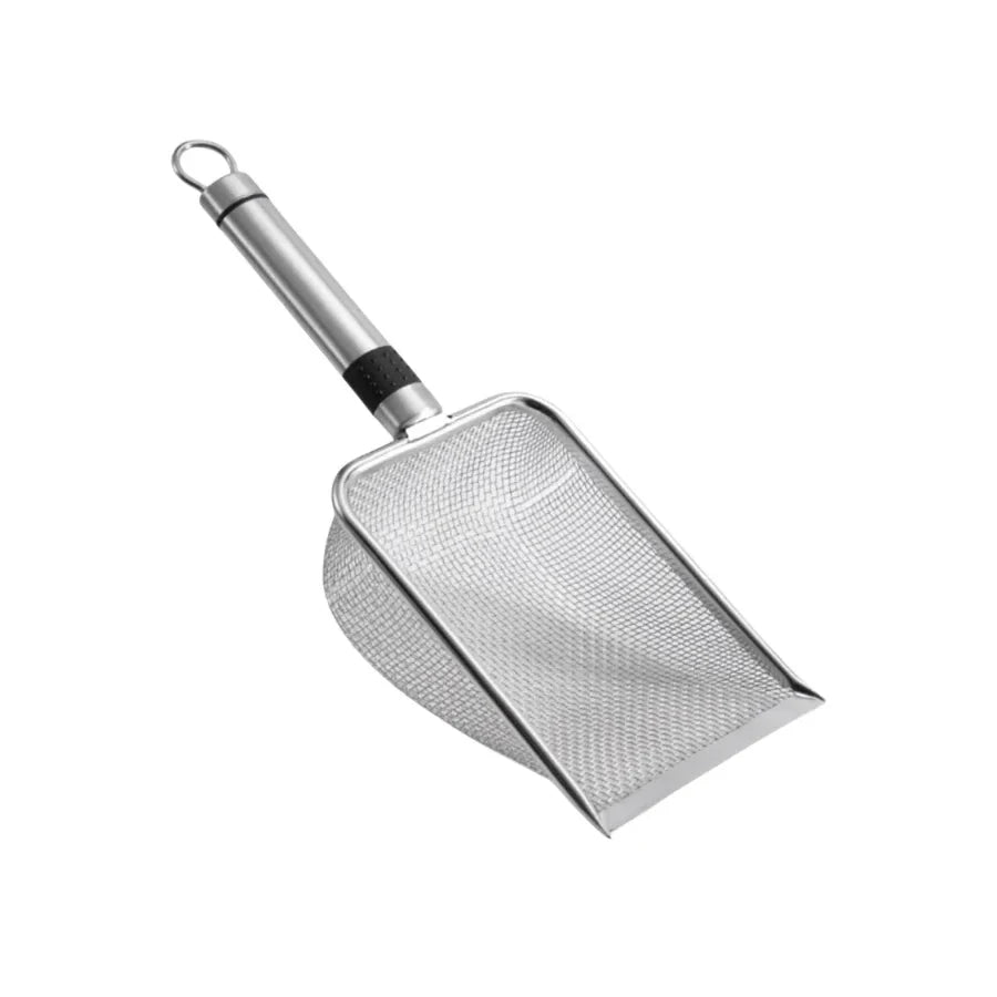 A stainless steel cat litter scoop with a long handle and a wide, flat scoop.