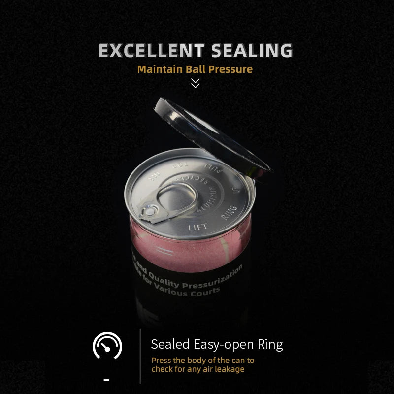 A sealed tin of tennis balls with an easy-open ring, demonstrating excellent sealing and pressure maintenance.
