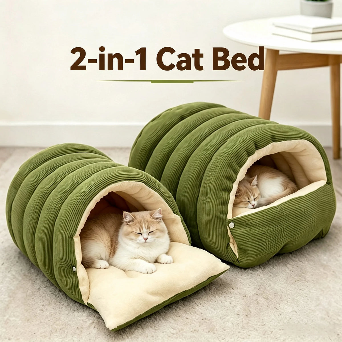 A green 2-in-1 cat bed with an entrance for a cat, resting on a light colored floor.