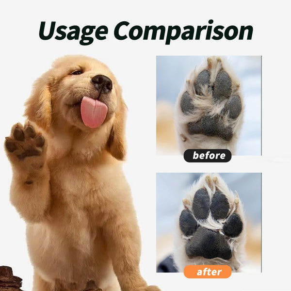 Comparison showing a dog's paw before and after gentle cleansing foam treatment.