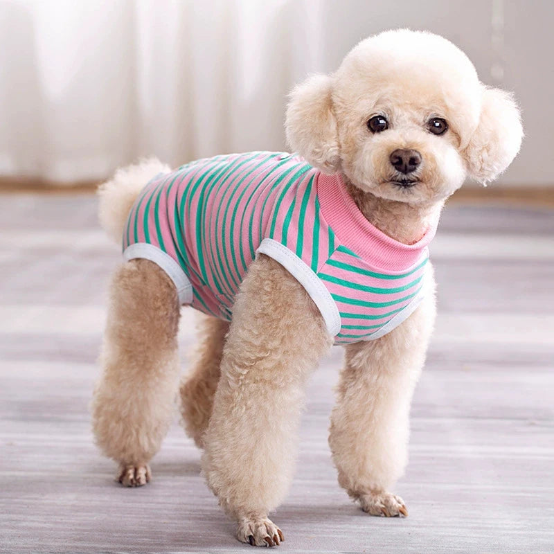 Striped Cotton Dog Recovery Suit for Post-Surgery Protection